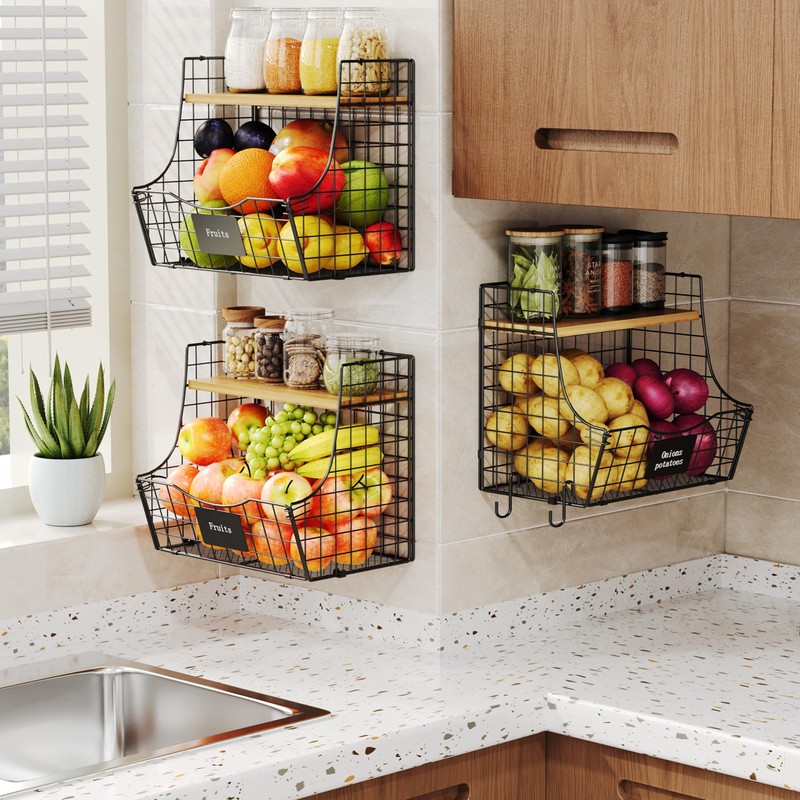 3 Pack Fruit Basket for Kitchen with Wood Lid -