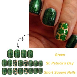 St. Patrick Day Press on Nails Short Square Fake Nails, LPOODDNU Green Shamrock Press on Nails St. Patrick’s Nail Art Decorations Glossy Glitter Glue on Nails Green Stick on Nails for Women Manicure
