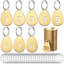 Tudomro 1-50 Key Tags with Numbers, Brass Number Tags Key Ring Metal Keychain Labels Coat Check Labels for Dormitory Keys House Cabinet Lockers