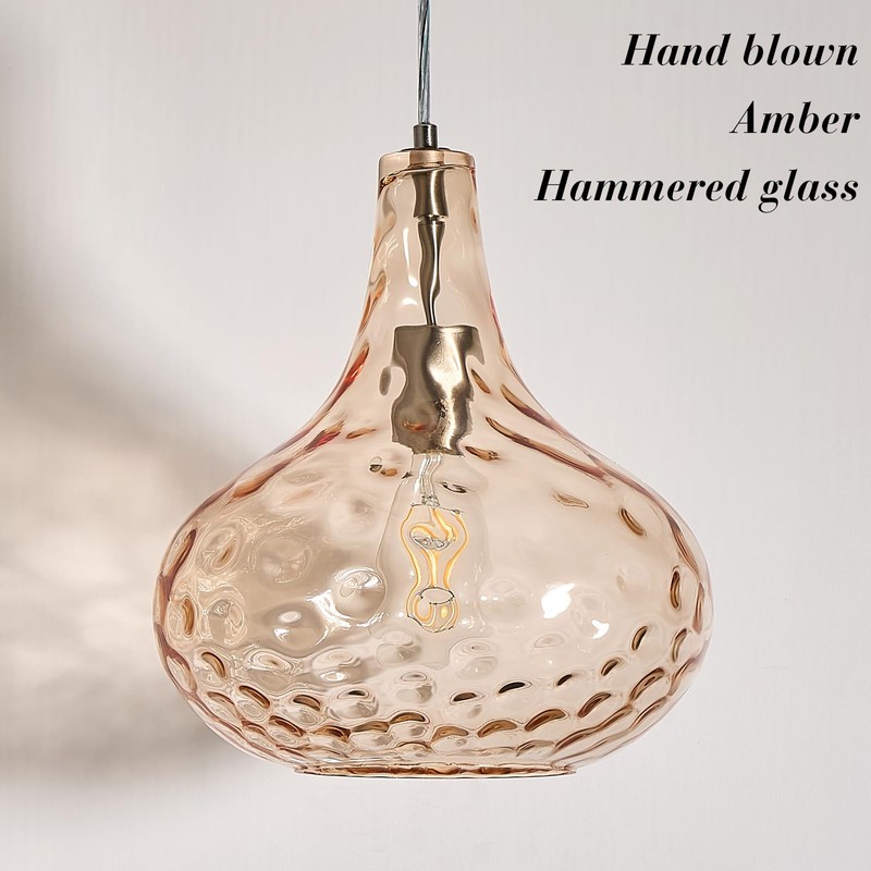 CATINER 11" Amber Hammered Glass Pendant Light, Blown Glass Hanging