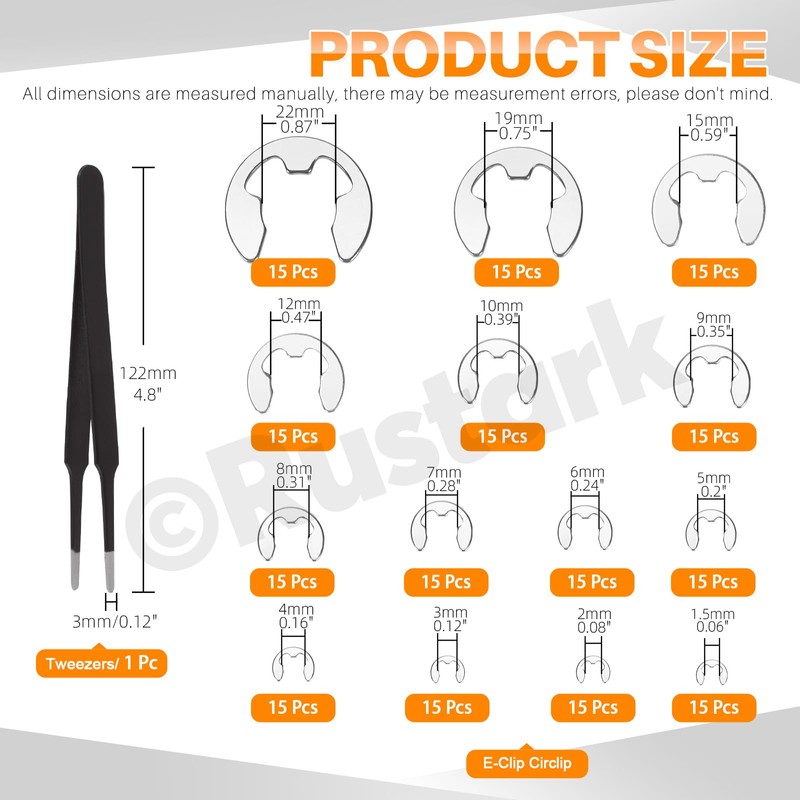Rustark 211Pcs 14 Sizes 304 Stainless Steel E-Clip External Retaining
