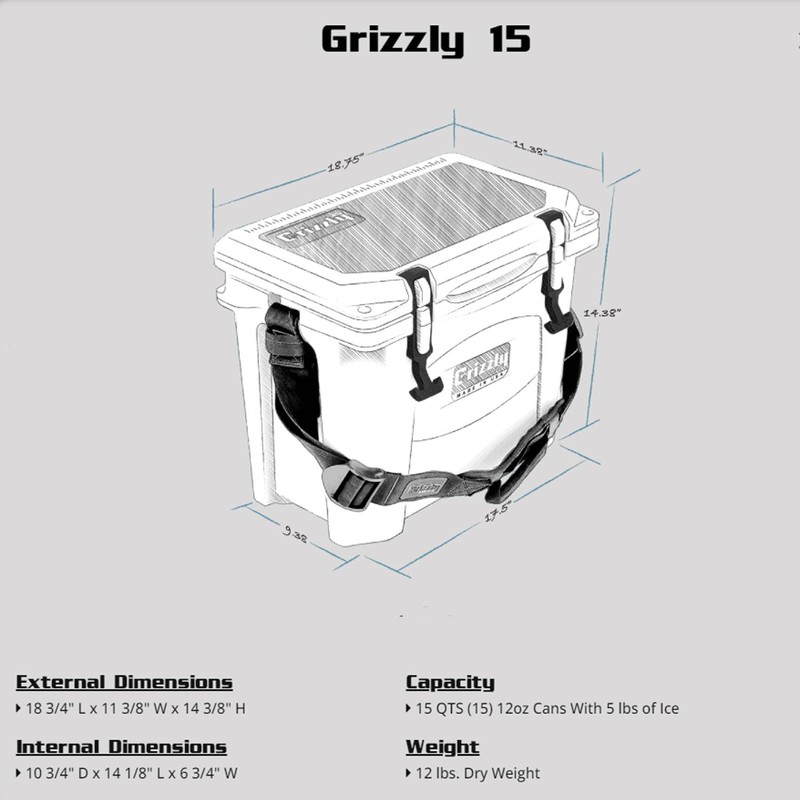 Grizzly 15 Cooler | 15 qt Ice Chest Durable Rotomolded
