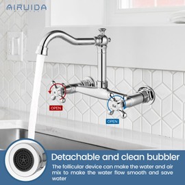 Airuida Chrome Polish Commercial Wall Mounted Kitchen Faucet Wall Mounted Faucet 8 Inch Center 2 Hole Double Cross Handles 360 Rotatable Spout Mixer Tap for Kitchen Restaurant Utility Laundry