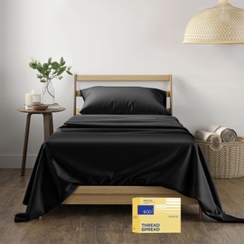 THREAD SPREAD 100% Egyptian Cotton Sheets Twin - 600 Thread Count Sheets Twin, 3 PC Deep Pocket Twin Sheets, Soft, Cooling Sateen Weave Extra Long Twin Sheets for Dorm, 16" Deep Pocket - Black
