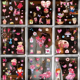 9 Sheets Valentines Day Window Clings, Valentines Day Window Decorations Stickers for Kids, Double-Sided Pink Heart Cute Window Decals for Home School Party Decor