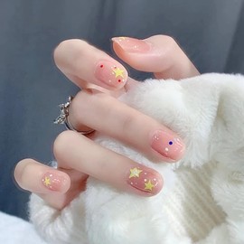 Press On False Nails No Glue Press on Nails Short French 、Almond、 Round、 Flat False Nails 24-30 PCS Kit Included Toolkit (24 PCS Cute Stars False Nail Short, 1 Fl Oz (Pack of 24))
