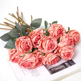 Kimura's Cabin Artificial Flowers Vintage Rose 12pcs Real Looking Fake Roses with Stems for Home Table Centerpieces Arrangements Wedding Party Decoration(Pink)