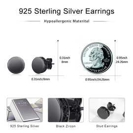 StoryEtain Black Disc Stud Earrings for Men Women 925 Sterling Silver Black Stud Cubic Zirconia Circle Earrings Hypoallergenic Jewelry