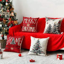 AVOIN colorlife Merry Christmas Trees Balls Berries Throw Pillow Covers, 18 x 18 Inch Red Home Sweet Home Seasonal Winter Holiday Cushion Case Decoration for Sofa Couch Set of 4