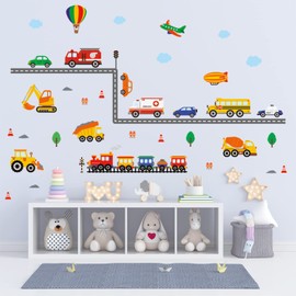 DECOWALL DS-8047 Construction Vehicles Road Wall Stickers Truck Excavator Cars Transportation Decals for Kids Boys Bedroom Nursery Playroom Living Room Art Decor Removable