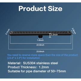tonchean 24-Inch Linear Shower Drain,Rectangle Shower Floor Drain with Removable Grate Cover,SUS304 Stainless Steel Long Channel Drain Trench Drain with Hair Catcher Matte Black
