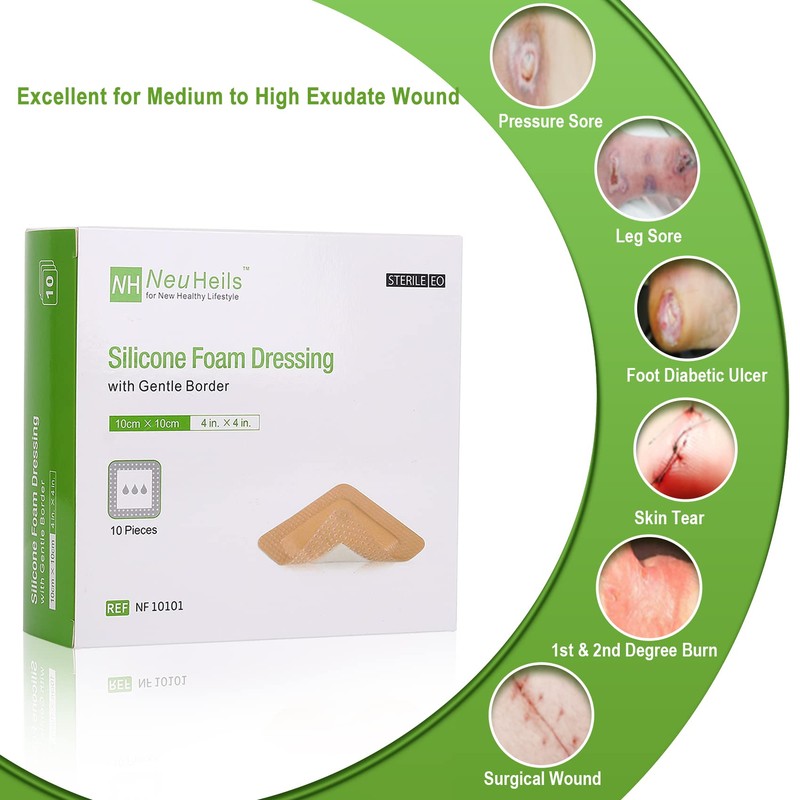NeuHeils Silicone Adhesive Foam Dressing with Gentle Border 4''x4'' for