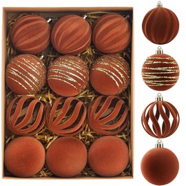 Christmas Ornaments Set of 12, 3.15" Flocked Velvet Balls with Hand Painted Designs, Brown Elegant Christmas Tree Decorations in Gift Box