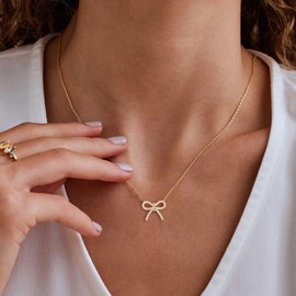 HANLI Gold Necklace for Women - Bow Necklace 14K Gold Plated Dainty Cubic Zirconia Bow Necklace Small Bow Necklace Trendy Necklaces for Women Minimalist Jewelry