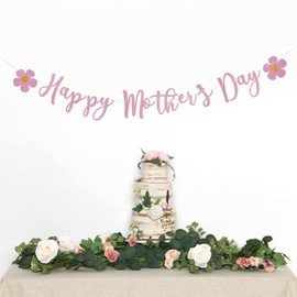 Happy Mother's Day Banner Set de Decoración para Fiesta del Día de la Madre, Guirnalda de Fondo para Mamá Día de la Madre, Guirnalda de Brillantina para Fotos (Flor Rosa)