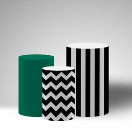 NIVIUS PHOTO Sports Football Theme Cylinder Display Pedestal Covers, Black and White Chevron, Striped and Green, Set of 3 (TZ069,Large-Set of 3)