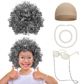Huskein Old Lady Costume for Kids, Dark Gray Curly Wig Glasses Wig Cap Pearl Necklace Bracelet for 100 Days of School Costume