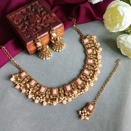 Efulgenz Indian Vintage Antique Bohemian Wedding Bridal Sets Traditional Faux Kundan Pearl Beads Crystal Stone Necklace Jhumka Jhumki Earrings Maang Tikka Jewelry for Women, Metal, No Gemstone