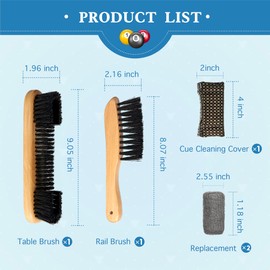 LAKINGO Pool Table Brush Set for Felt, Billiard Table and Rail Cleaning Accessories with 2 Wood Brush, 2 Ferrule Polish Cloths, Cue Shaft Cleaner Cloth (5 Kit, Walnut)