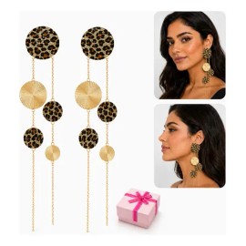 QinmiGarden - Aretes Extra Largos Mujer Leopardo Con Cadenas Y Caja