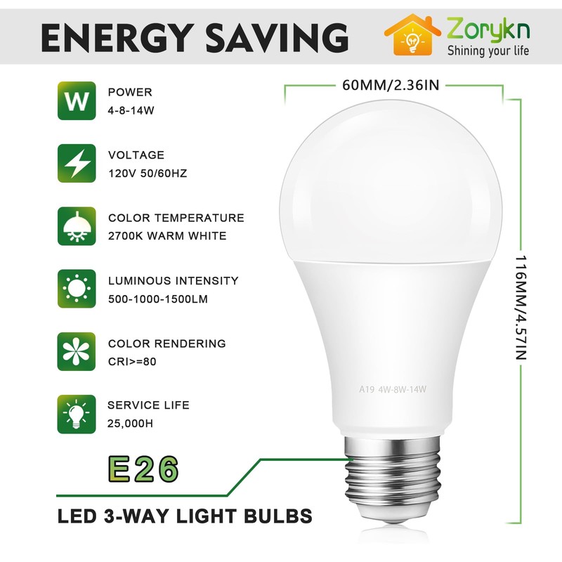 Zorykn 3 Way LED Light Bulbs, 40 60 100 Watt