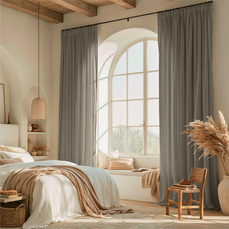 Pinch Pleated Semi Sheer Linen Curtains 108 Inches Long, Taupe