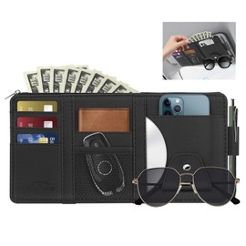 Soft Leather Sunglasses Case with Car Sun Visor Organizer, Auto Interior Accessories Pocket Organizer - Car Truck SUV Storage Pouch Holder, with Multi-Pocket Net Zipper (Black)