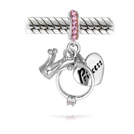 Princess Heart Crown Ring Pink Crystal Bail 3 Dangle Charm Bead For Women .925 Sterling Silver Fits European Bracelet