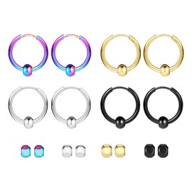 Surgical Stainless Steel Hoop Earrings 10mm/12mm/14mm Small Huggie Ball Bead Hoop Earrings for Women and Men (C: Diameter 14mm (4 Color),4 Pairs)
