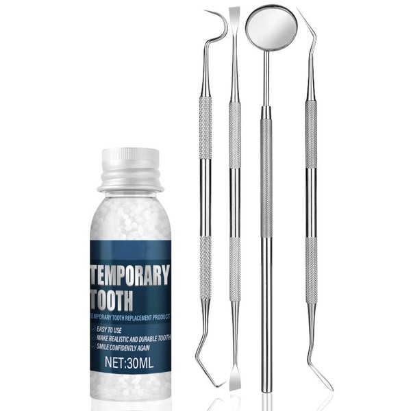 5-in-1 Dental Care Kit, Tooth Filling Repair Kit Contains Temporary Tooth Filling Beads + Dental Mirror + Filling Tool + Plaque Remover + Picking Tool for Attaching Dentures Hip-Hop Braces