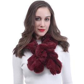 Lina & Lily Elastic Ruffle Faux Fur Women's Winter Pull-through Scarf Neck Warmer (Dark Red)