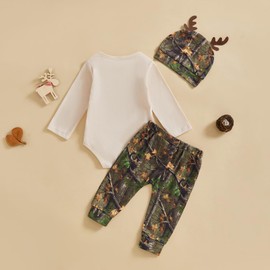 Santikisler Newborn Baby Boy Hunting Outfit Deer Antler Letter Print Long Sleeve Romper and Pants +Hat 3pc Clothes (Army Green, 12-18 Months)