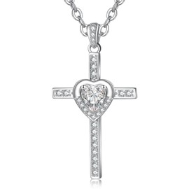 Monetoom Moissanite Cross Necklace for Women 925 Sterling Silver Cross Heart Pendant Necklaces 1CT D Color VVS1 Moissanite Necklace Anniversary Jewelry Religious Gifts for Women Wife Her Girlfriend