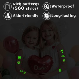 Partywind 560 Styles Glow Valentine's Day Tattoos for Kids Party Supplies, 56 Sheets Valentines Love Heart Tattoo Stickers Party Decorations, Exchange Games for Kids Classroom Prizes