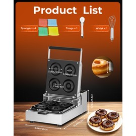 Popfoodex Commercial Waffle Donut Machine – 1200W 4-Hole Double-Sided Heating Electric Doughnut Maker w/Timer & Temp Control (0-550°F), Non-Stick Donut Baking Pan, for Parties, Stalls & Home
