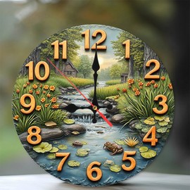 Rustic Frog Pond Scene Wall Clock 10-Inch Wooden Wall Clock, Silent Movement, Battery Operated (AA Batteries Not Included), Artistic Home Decor, Perfect for Home Accents