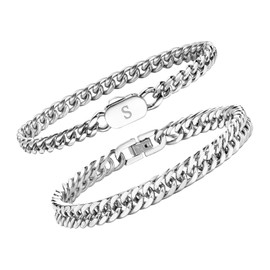 FLHEART Stainless Steel Initial Bracelets for Men, 2 Pcs A-Z Letter Silver Mens Bracelet with Initial, Stylish Non Tarnish Cuban Link Chain for Boyfriend Men Jewelry Gifts