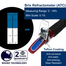 0 to 18% Brix Hand Held Rhino Refractometer with Automatic Temperature Compensation, with Low Sugar Fruits, Maple Sap, Vegetable Juice,Cutting Liquids Test
