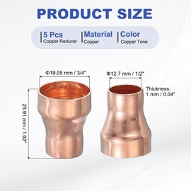 PATIKIL Copper Reducer 3/4" to 1/2" ID, 5 Pcs Reducing Copper Coupling Pressure Fitting Pipe Tube Connector Adapter with Sweat Solder Connection for HVAC Refrigeration, Copper