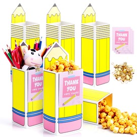 AFOROEOA 24 Pcs Back to School Pencil Candy Boxes with 24 cards 24 Gold Clips, Popcorn Holder Bulk for Teacher's Day Gift Graduation Party Gift Box Kindergarten Graduation Classroom Decoration