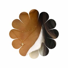 Inateannal Boho Layered Northstar Choker Necklace Crystal North Star Pendant Necklace Gold Rhinestone Star Chain Necklace Cz Starburst Necklace Jewelry for Women and Girls
