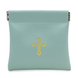 Squeeze Top Rosary Pouch Seafoam Green Faux Leather with Cross Imprint