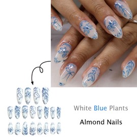 Mkwntg 24Pcs Blue Flower Press on Nails Medium Almond Fake Nails Spring White Blue Plants Acrylic False Nails Cute Bow Nude Full Cover Glue on Nails White Porcelain Glossy Stick on Nails for Women