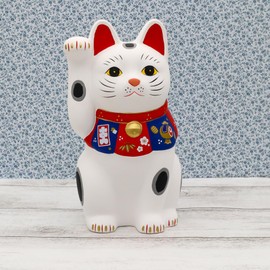Yakushi Kiln Maneki Neko (White, Large), Lucky Dzukushi (Includes Lucky Sticker)