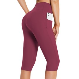 baleaf Capri Leggings for Women High Waisted Capri Pants with Pockets Knee Length Yoga Workout Casual Exercise Wine Red XXL