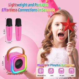 Spinosaurus Mini Karaoke Machine for Kids,Wireless Microphones with Portable Bluetooth Speaker 2 Mic & Colorful Led Light Speaker Singing Birthday Gifts for Girls 4+Year Old (Rose)