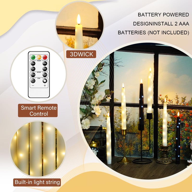 Nimiko Flameless Taper Candles with Star Lights, Remote Control, and