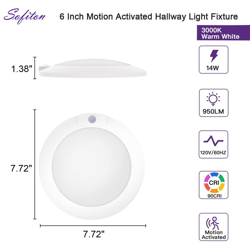 Sofiton LED Disk Lights 6 Inch Motion Sensor,14W 3000K Wired