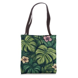 Lush Monstera Leaves and Tropical Flowers Print Tote Bag