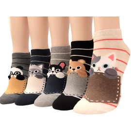 GotYourToes | Womens Teen Girls | Cute Cat Dog Animal Print | Ankle Socks | Great Gifts | 5 Pairs (Pocket Pups)